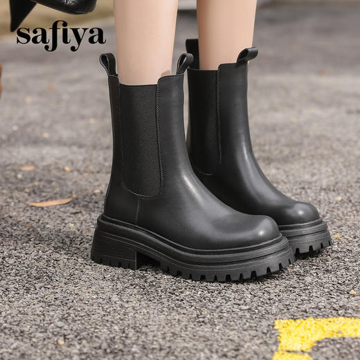 Safiya/索菲娅2024英伦风时尚厚底粗跟套筒加绒休闲切尔西短靴SF44116410/SF44118410 商品图0