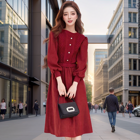 奢姿2024年冬季新款大码女装拼接针织裙子胖妹妹气质圆领连衣裙9944826856