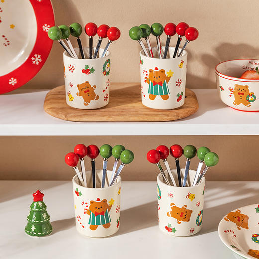 摩登主妇动物派对圣诞家用水果签甜品不锈钢儿童水果小叉子收纳罐 商品图3