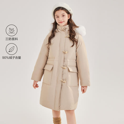笛莎Deesha青少年女童羽绒服2024冬季新款复古学院风中长款连帽羽绒服 商品图0