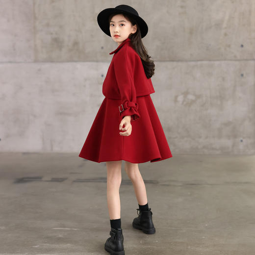 【舒适翻领，穿着端庄甜美】童装拜年服女 童毛呢套装 红色秋冬新款 大童女装呢子大衣 外套亲子装-QQ 商品图2