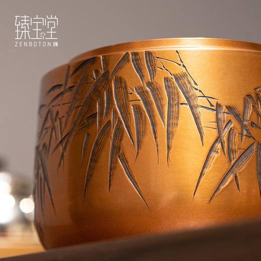 【样品特惠】臻宝堂建水纯手工雕刻竹叶茶渣桶小号铜器水盂茶洗高端功夫茶具零配件 竹韵建水 容量约800ml 商品图2