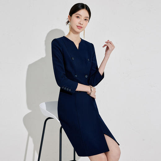 藏青色通勤连衣裙女气质优雅中长款 商品图1