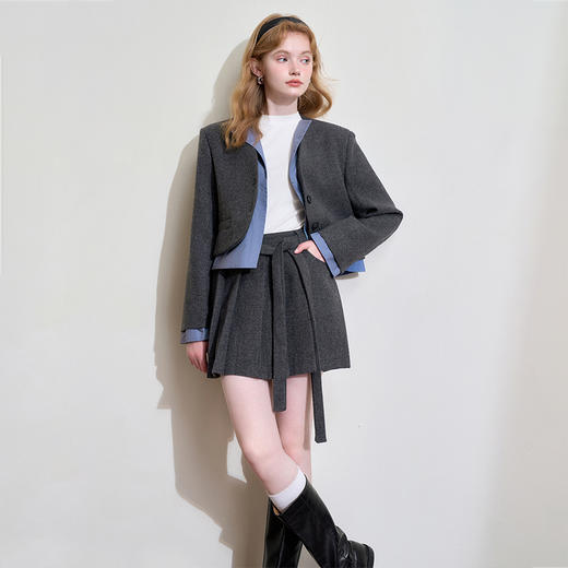 西遇学院风假两件外套套装女冬季新款韩系灰色百褶裙两件套D0044041 商品图3