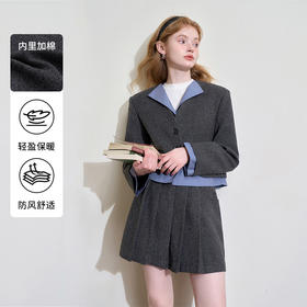 西遇学院风假两件外套套装女冬季新款韩系灰色百褶裙两件套D0044041