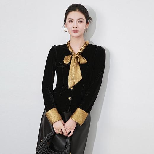 【高货wl】全新升级【铂金会员266/天猫359/差价93】(81643) 洛诗琳秋冬法式蝴蝶结系带洋气拼色收腰显瘦上衣丝绒衬衫 商品图3