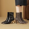 【预售7天】防踢金属尖头全皮高跟短靴女秋冬款拉链粗跟显瘦靴气质黑色时装靴CX&CX2666-4 商品缩略图4