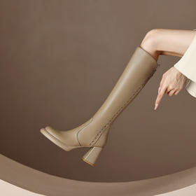 【预售7天】真皮高跟防水台长筒女秋冬新款不过膝高筒靴粗跟米白色厚底长靴CFE&3137