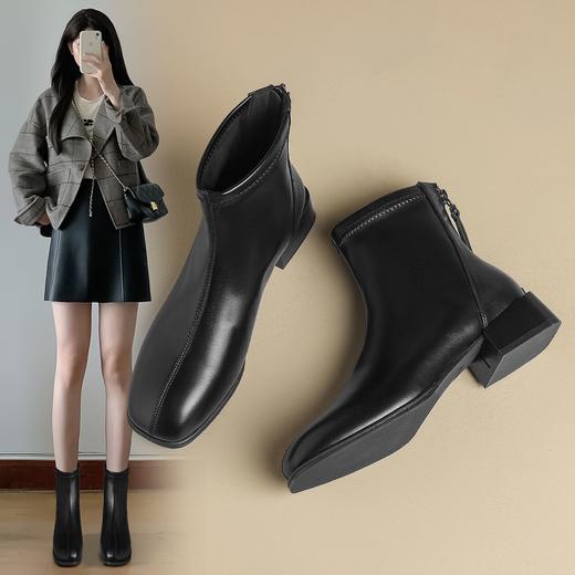 ZHR则则粗跟法式小短靴2024新款气质通勤女靴韩版百搭加绒瘦瘦靴 商品图0