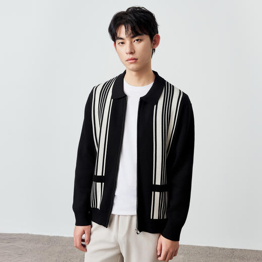 墨麦客男装撞色竖条针织开衫春季新款提花宽松翻领外套男潮20709 商品图0