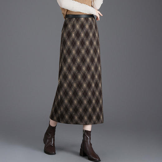 毛呢格子秋冬长款高腰开叉，一步裙显瘦包臀直筒裙MYX-1829 商品图1