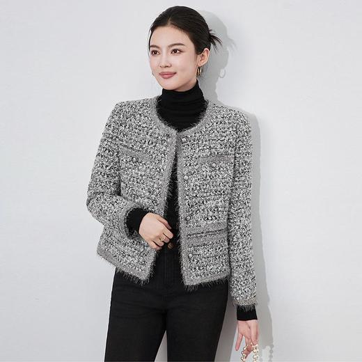 【高货wl】全新升级【铂金会员367/天猫489/差价122】(81902) 洛诗琳轻奢亮丝编织小香风粗花呢外套女新款毛边圆领上衣 商品图4