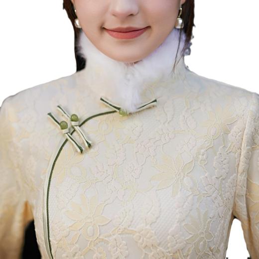 【预售5天】蕾丝加绒加厚修身毛领，清新甜美气质日常少女旗袍裙ZBN6307 商品图4