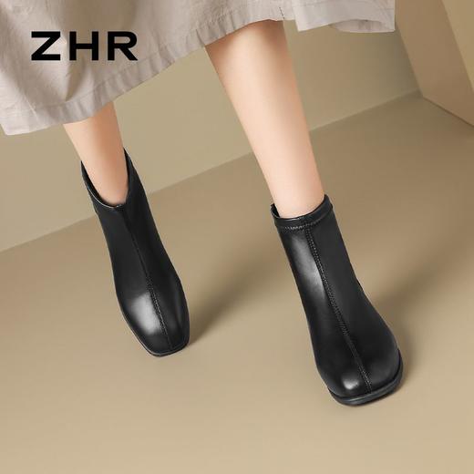 ZHR则则粗跟法式小短靴2024新款气质通勤女靴韩版百搭加绒瘦瘦靴 商品图8