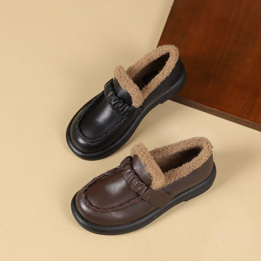 西村名物2024秋冬新品百搭舒适防滑真皮加绒一脚蹬乐福鞋女毛毛鞋T24DM47221 商品图0