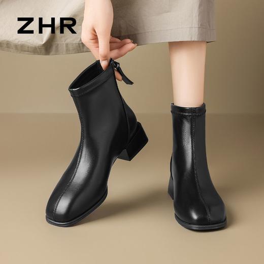 ZHR则则粗跟法式小短靴2024新款气质通勤女靴韩版百搭加绒瘦瘦靴 商品图6
