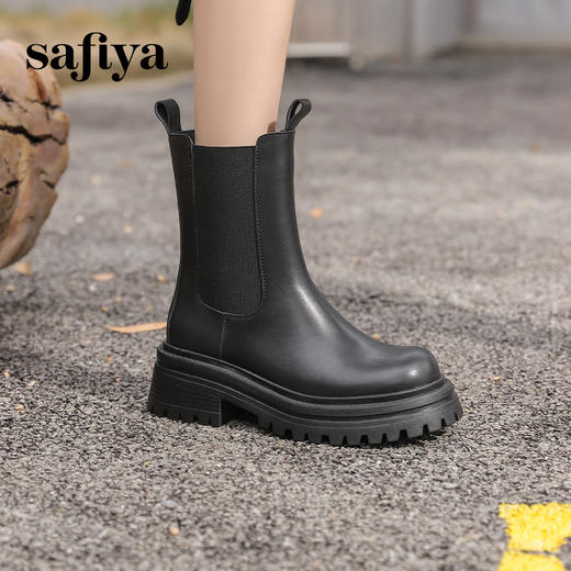 Safiya/索菲娅2024英伦风时尚厚底粗跟套筒加绒休闲切尔西短靴SF44116410/SF44118410 商品图1