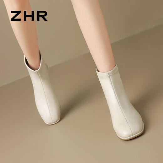 ZHR则则粗跟法式小短靴2024新款气质通勤女靴韩版百搭加绒瘦瘦靴 商品图5