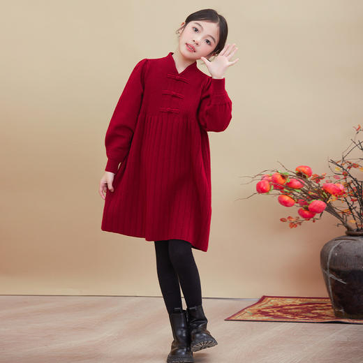 【针织软糯舒适，时髦又洋气】加绒女童针织毛衣裙子 中式盘扣大童拜年服连衣裙 秋冬季儿童新年装-QQ 商品图2