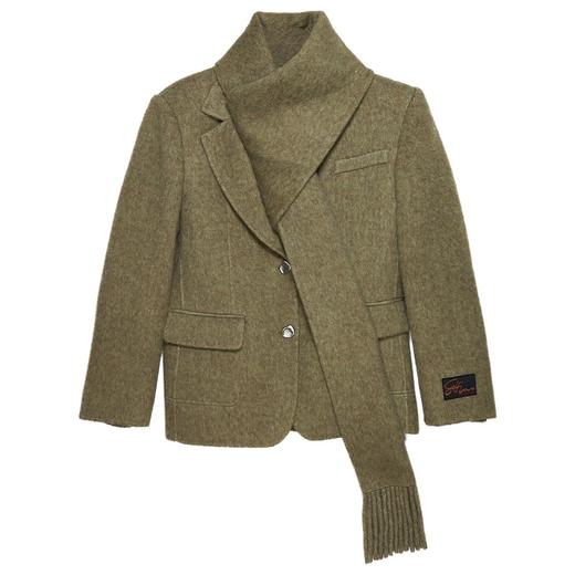 SELFWHO羊毛可拆卸流苏围巾领西装外套女2024冬圣诞气质西服外套 商品图3