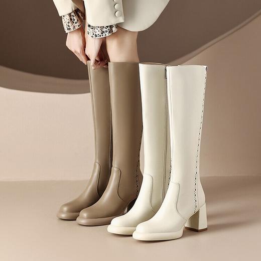 【预售7天】真皮高跟防水台长筒女秋冬新款不过膝高筒靴粗跟米白色厚底长靴CFE&3137 商品图4