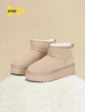 istep冬季保暖舒适皮毛一体厚底棉鞋加绒加厚短筒女士羊毛雪地靴