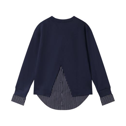 WY545新款时尚个性纯色条纹拼接圆领假两件简约百搭休闲上衣 商品图3