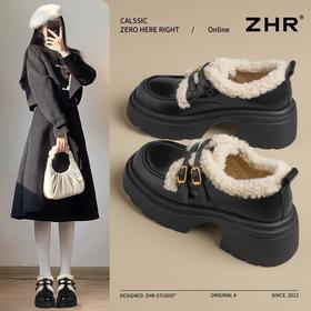 ZHR加绒乐福鞋女保暖厚底jk鞋棉鞋2024新款英伦风小皮鞋增高女鞋