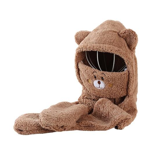 【出门不冷了】新款韩版可爱小熊毛绒帽子 秋冬季保暖可爱小熊毛毛帽子围巾一体四件套 商品图4