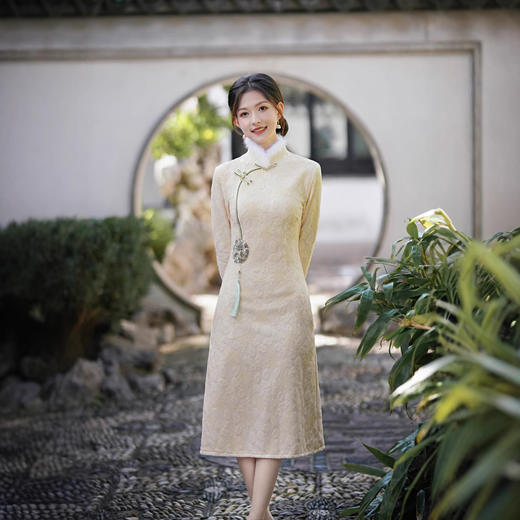 【预售5天】蕾丝加绒加厚修身毛领，清新甜美气质日常少女旗袍裙ZBN6307 商品图1