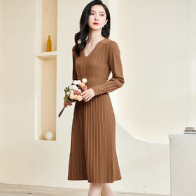 剩XL/S/L/M 米思阳2026春季新款优雅百搭纯色V领针织打底连衣裙百褶中长裙子2452