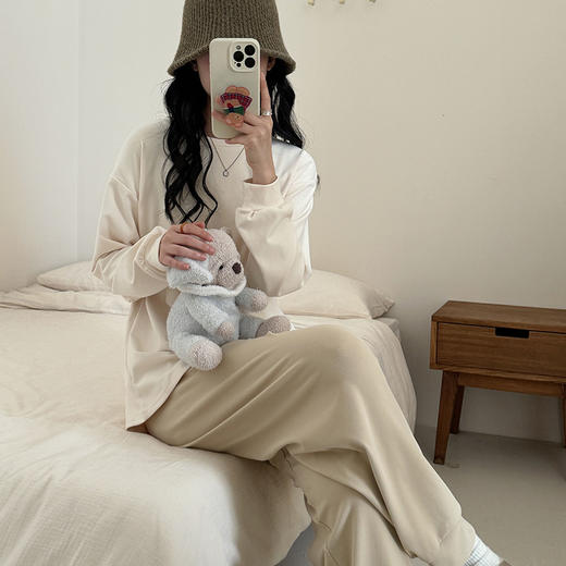 【慕斯奶油家居服】秋冬加绒撞色家居服睡衣套装 宽松圆领长袖上衣休闲长裤外穿套头睡衣 商品图9