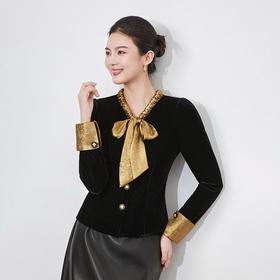 【高货wl】全新升级【铂金会员266/天猫359/差价93】(81643) 洛诗琳秋冬法式蝴蝶结系带洋气拼色收腰显瘦上衣丝绒衬衫