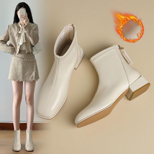 ZHR则则粗跟法式小短靴2024新款气质通勤女靴韩版百搭加绒瘦瘦靴 商品图1