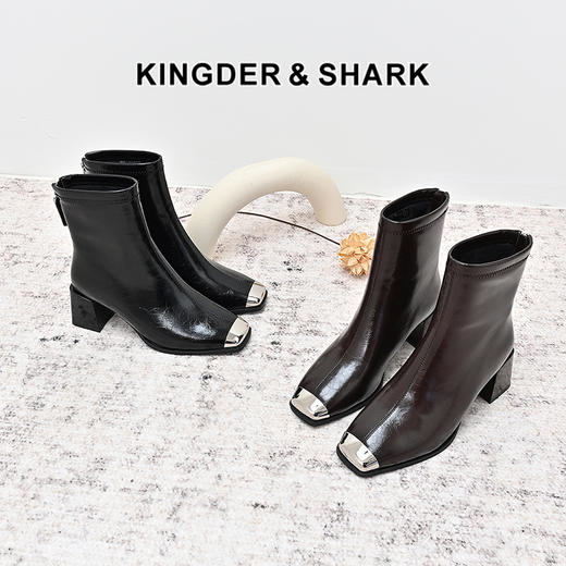 经典鲨2024年冬季新款时尚方头加绒中粗跟潮流时装短筒靴女KC19-D58251 商品图0