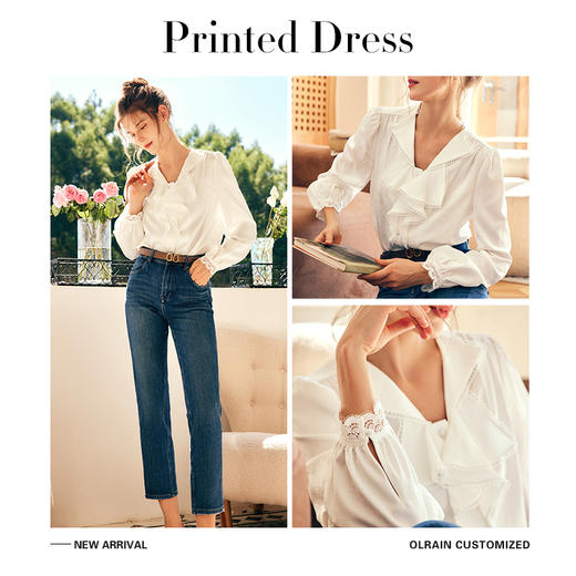 
OLrain欧芮儿法式米白色雪纺蕾丝衫女秋季2024新款提花荷叶边上衣 商品图4