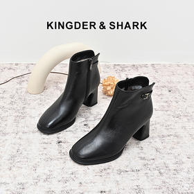 经典鲨2024年冬季款百搭黑色加绒保暖高粗跟通勤显瘦短靴女KW333-D58091