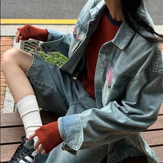 【顺丰包邮】41854 洛诗琳复古做旧喷涂重工设计感牛仔外套男女同款517 商品图3