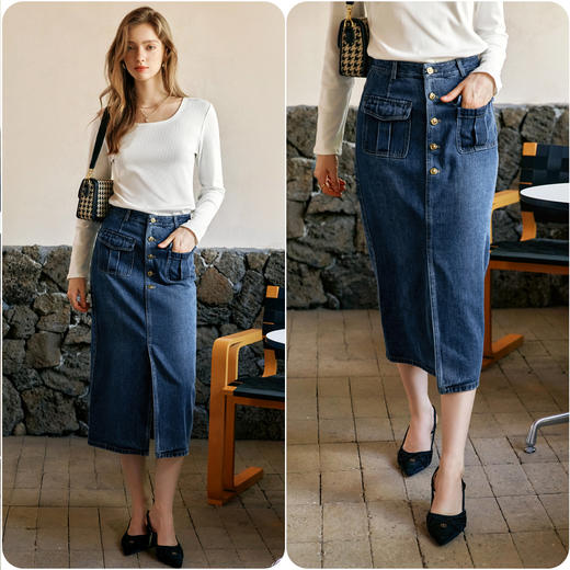 
OLrain欧芮儿牛仔半身裙女早秋2024年新款复古高腰通勤显瘦中长裙 商品图4