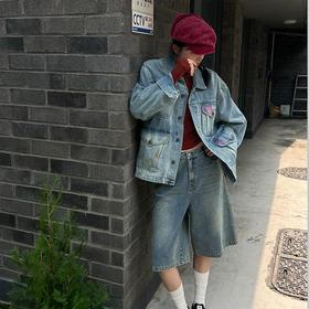 【顺丰包邮】41854 洛诗琳复古做旧喷涂重工设计感牛仔外套男女同款517