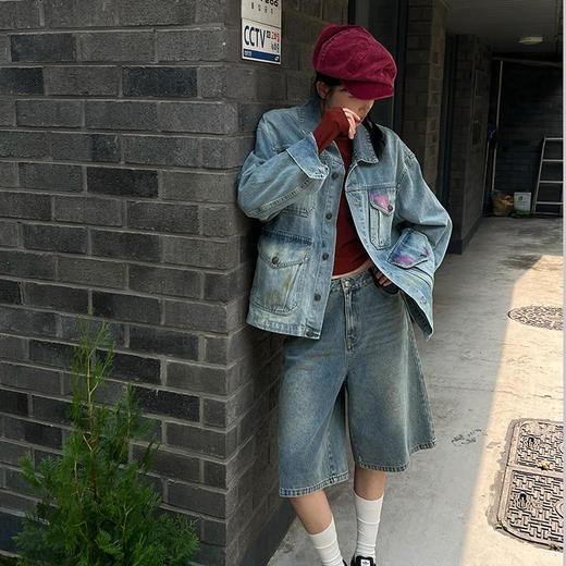 【顺丰包邮】41854 洛诗琳复古做旧喷涂重工设计感牛仔外套男女同款517 商品图0