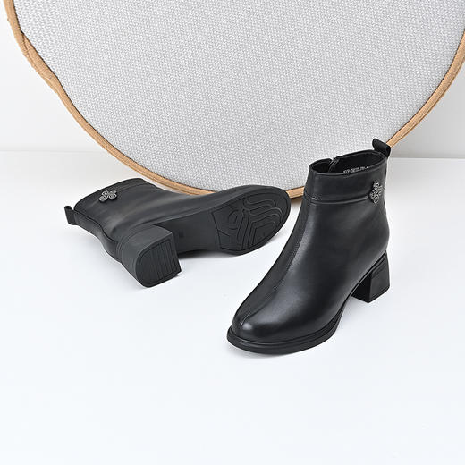 经典鲨2024冬季款百搭圆头加绒加厚侧拉链中粗跟时装短靴女KD29-D58111 商品图2