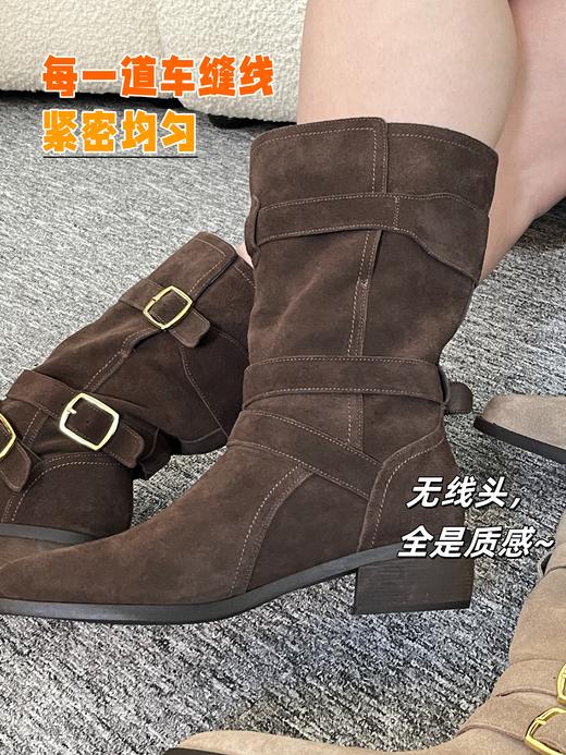 【麂皮尖头短靴】西部牛仔靴骑士靴女靴子美拉德短靴，超大靴筒，筒口内里牛皮，绒里绒垫，4.5厘米跟高， 商品图6