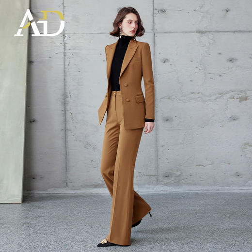 AD高级感金棕色西装套装秋冬羊毛人字纹西服正装时尚阔腿裤职业装 商品图4