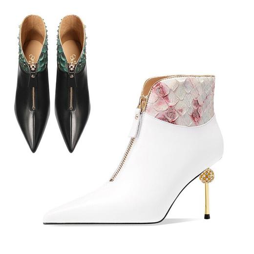 【预售7天】高级感蛇皮拼接时尚短靴女细跟秋冬新款尖头前拉链气质高跟时装靴CX&CX8195-12 商品图4