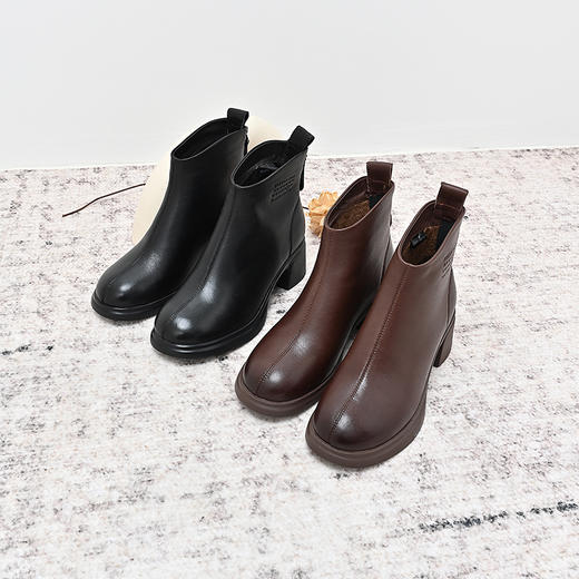 经典鲨2024年冬季新款百搭圆头加绒百搭通勤中粗跟短筒靴女KW57-D58021 商品图1