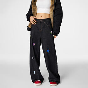 【Achock官方店】小花刺绣印花宽松直筒水洗牛仔裤潮牌新品设计感