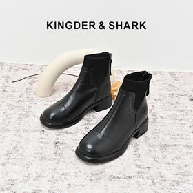 经典鲨2024年冬季款百搭圆头黑色加绒保暖简约时装短筒靴女KW289-D58021
