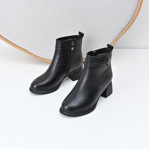 经典鲨2024冬季款百搭圆头加绒加厚侧拉链中粗跟时装短靴女KD29-D58111 商品图1