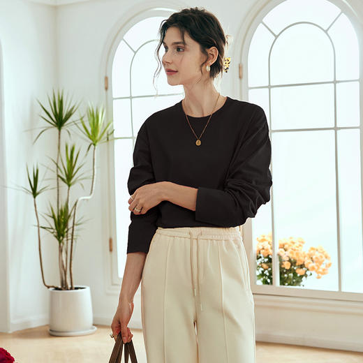 OLrain欧芮儿法式粉色长袖t恤女秋季2024年新款宽松休闲圆领上衣 商品图0